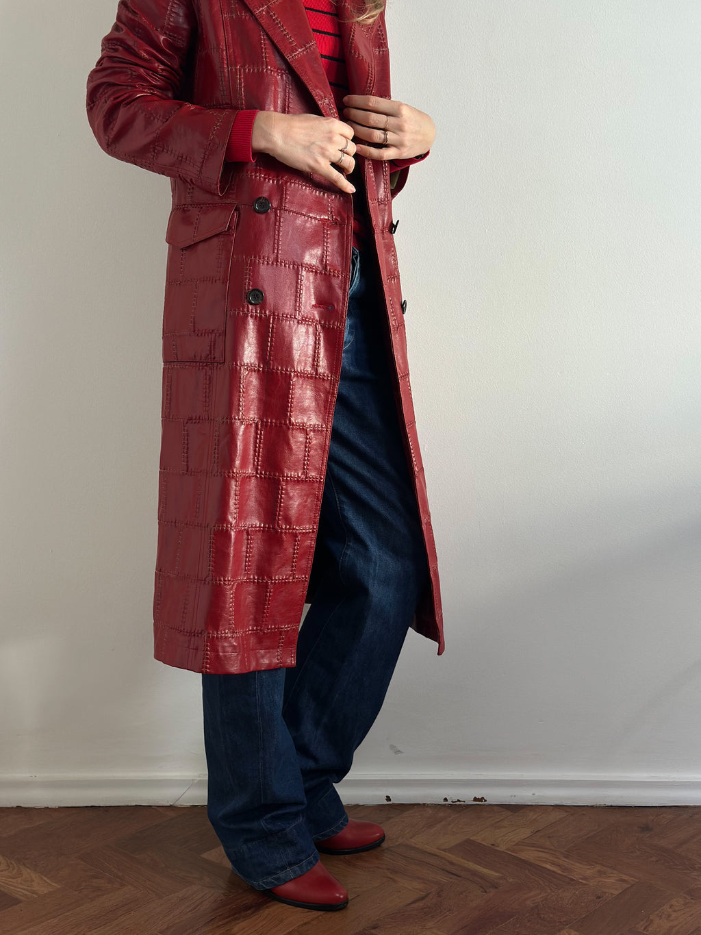 Bold Scarlet Red Faux Leather Trench Coat