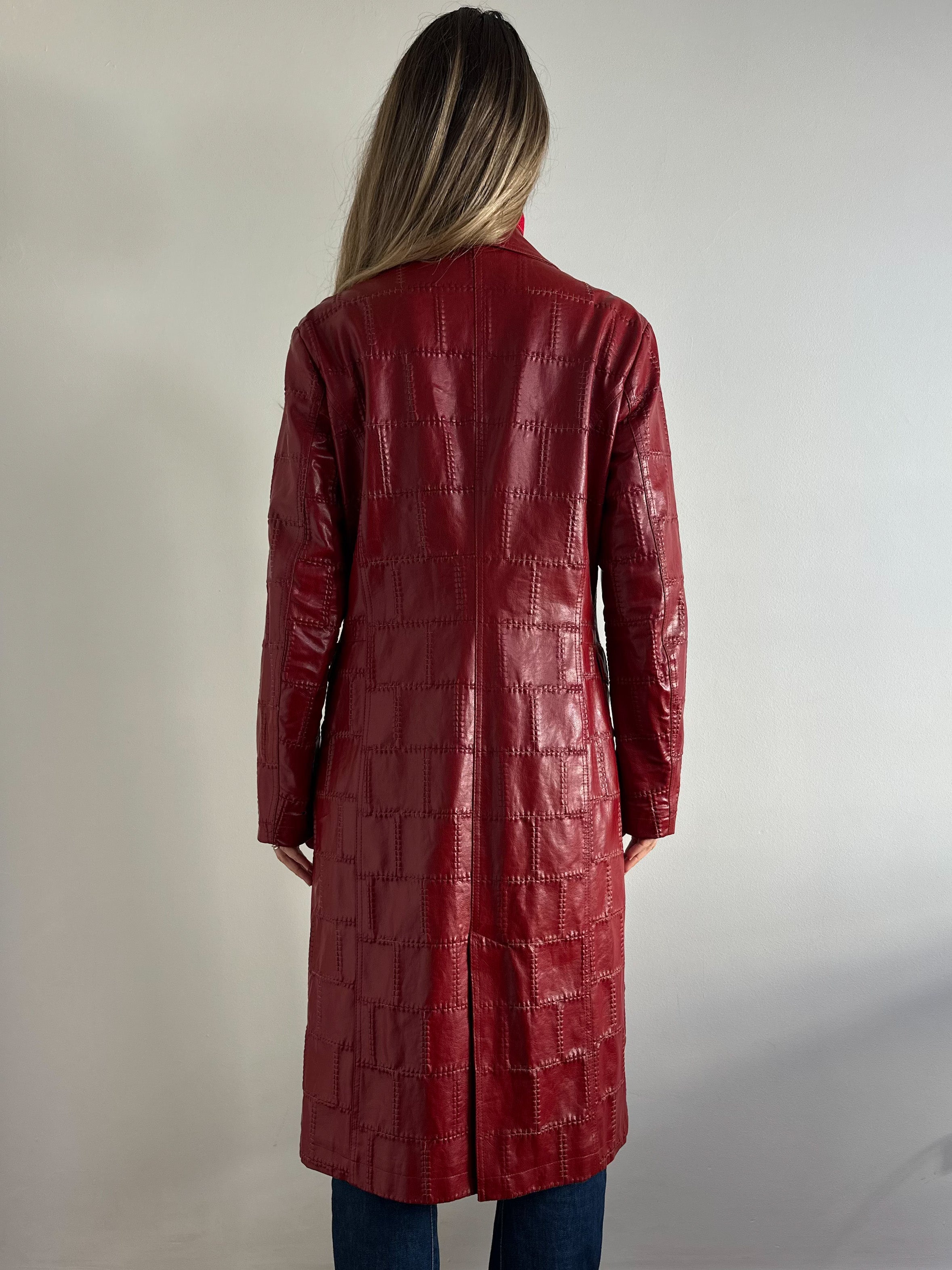 Bold Scarlet Red Faux Leather Trench Coat