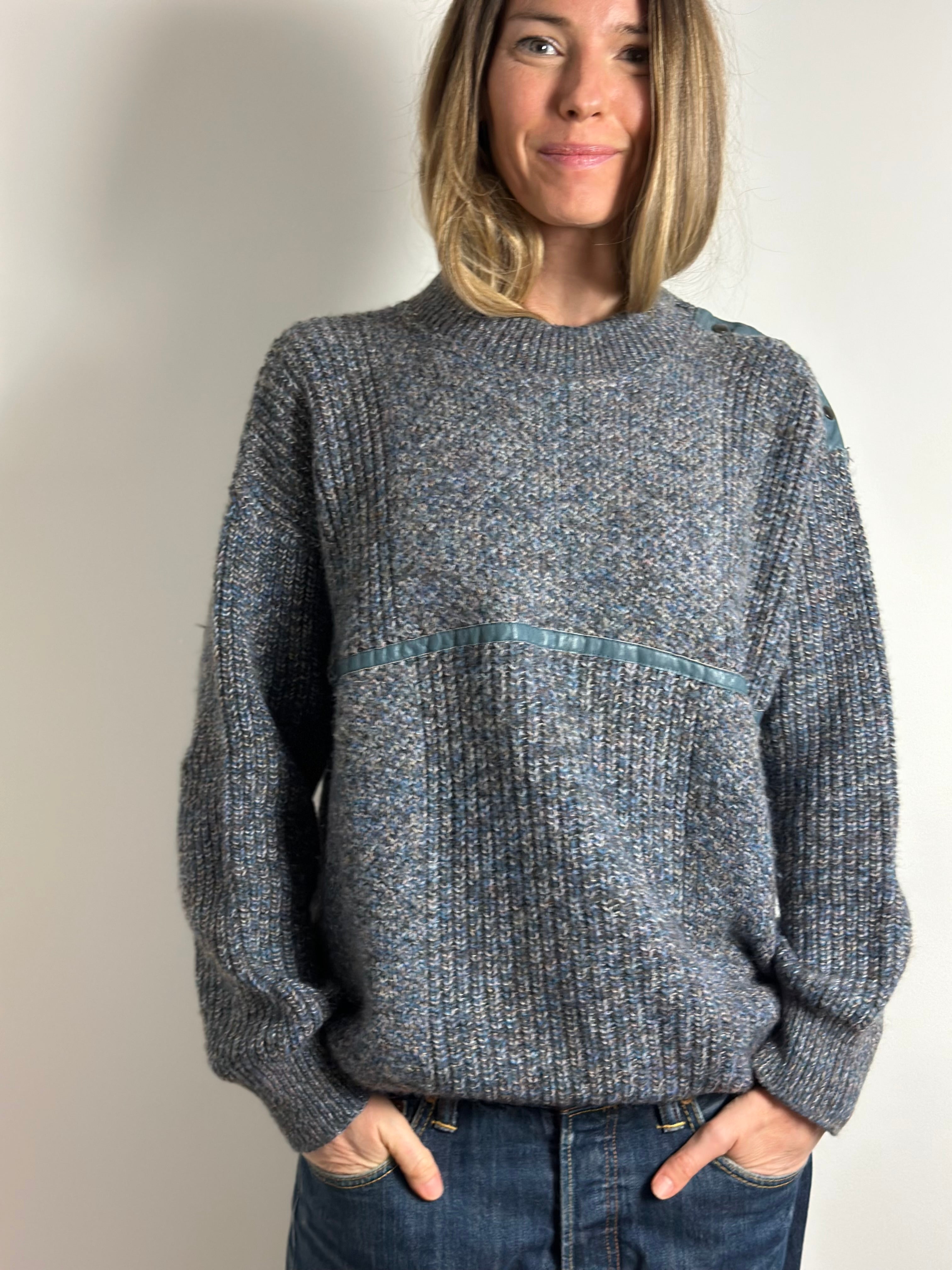 Archival Mixed-Media Knit Jumper with Leather Trim