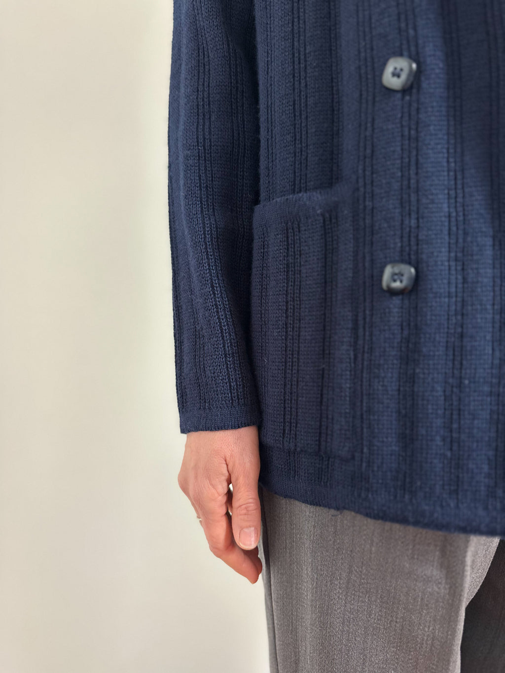 Navy Blue Ribbed Knit Blazer-Cardigan