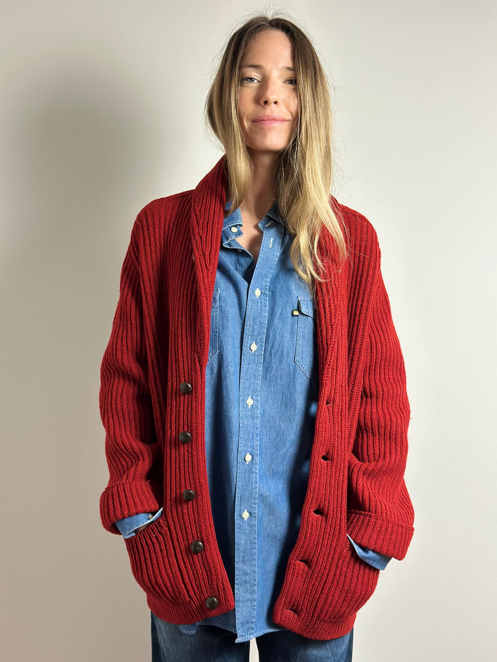 Oversized Chunky Knit Cardigan Coat in Crimson