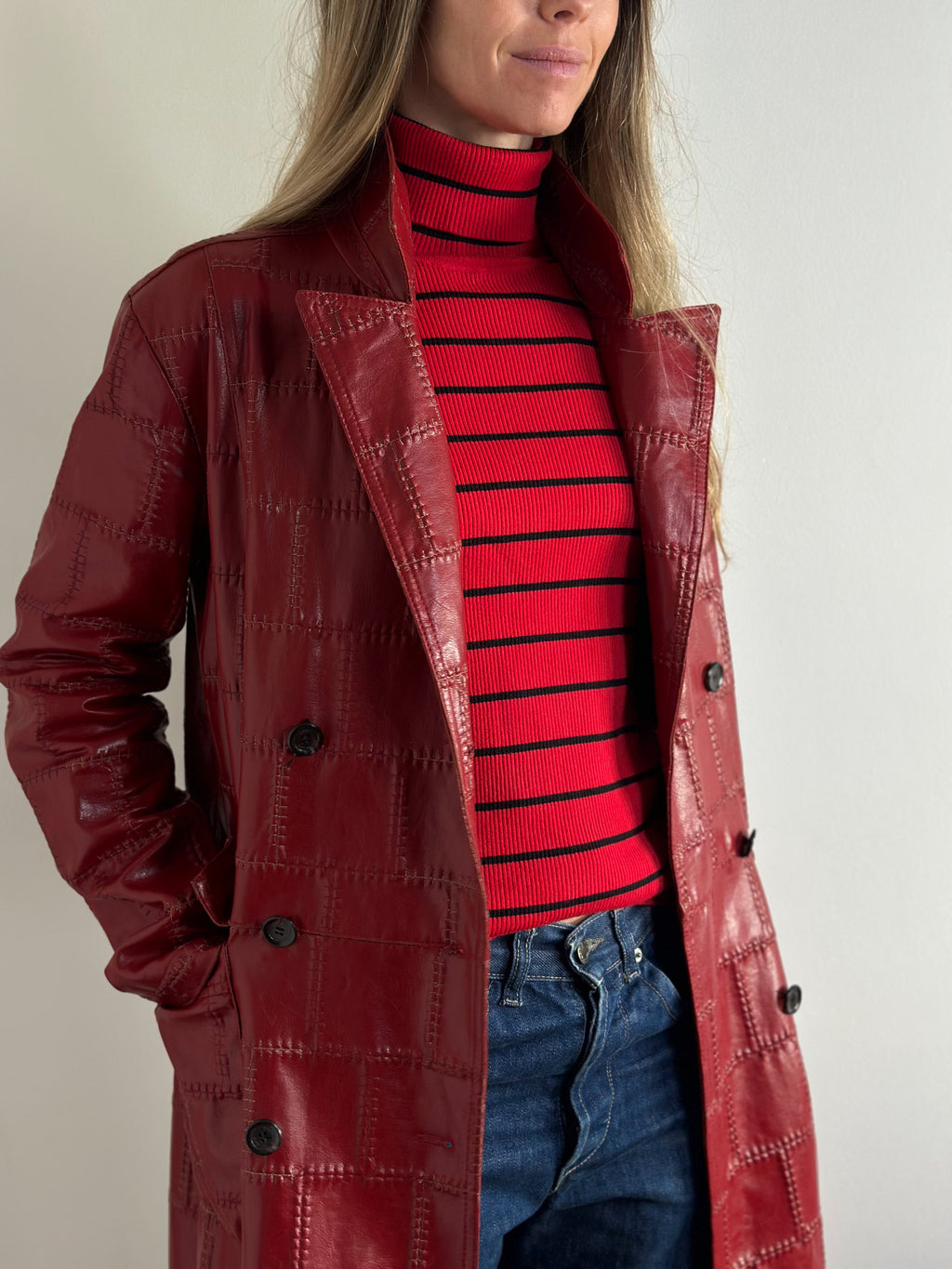 Bold Scarlet Red Faux Leather Trench Coat