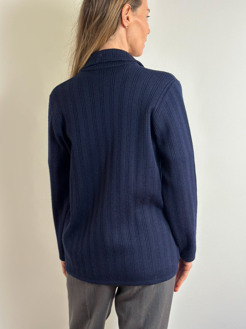 Navy Blue Ribbed Knit Blazer-Cardigan
