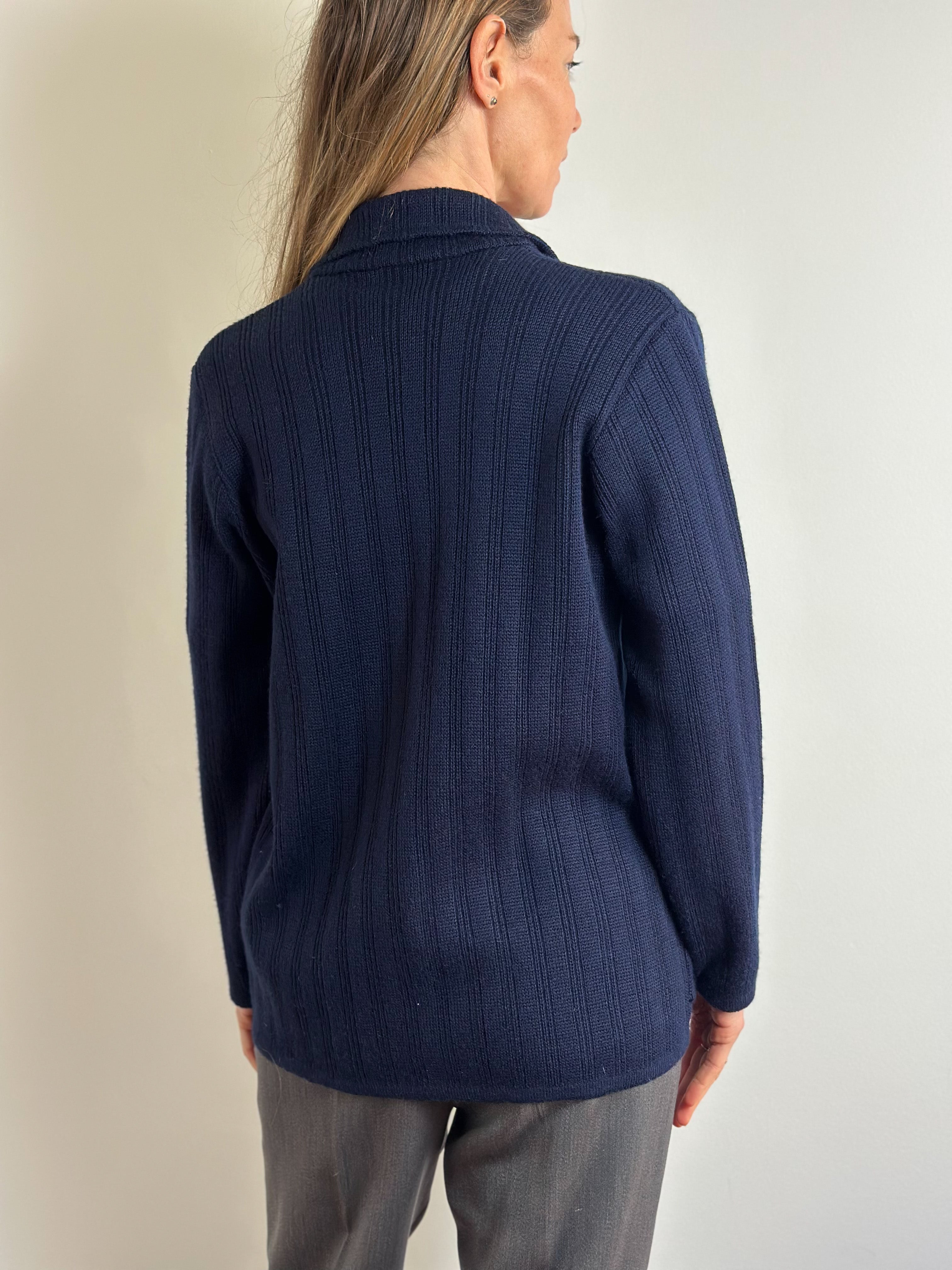 Navy Blue Ribbed Knit Blazer-Cardigan