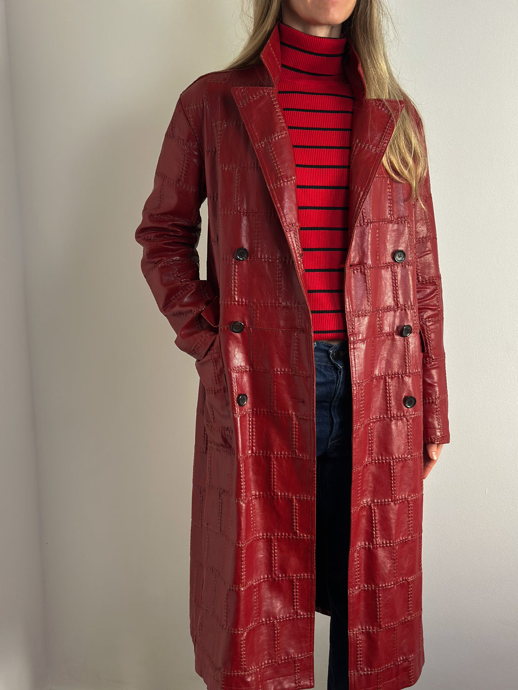 Bold Scarlet Red Faux Leather Trench Coat