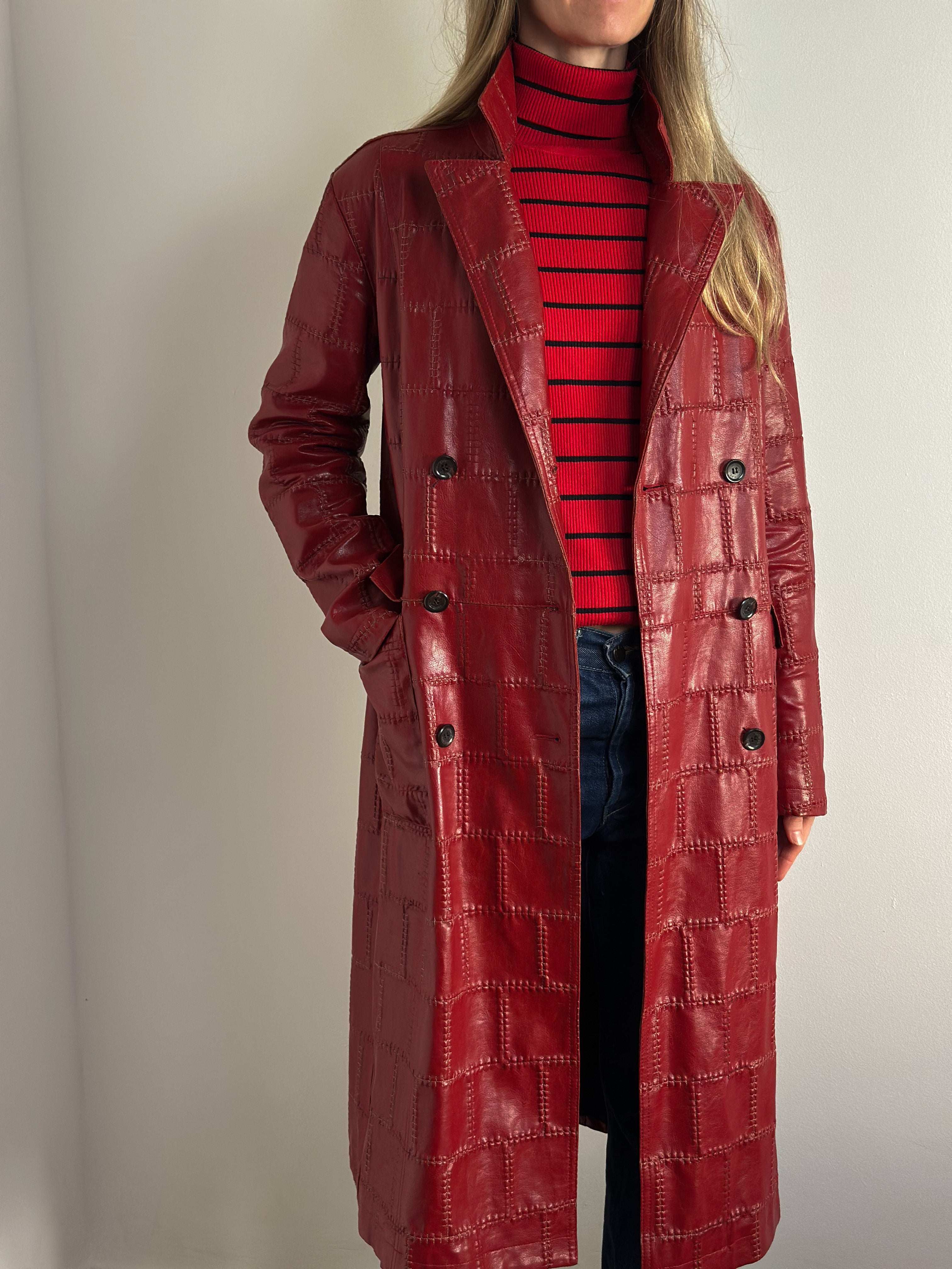 Bold Scarlet Red Faux Leather Trench Coat