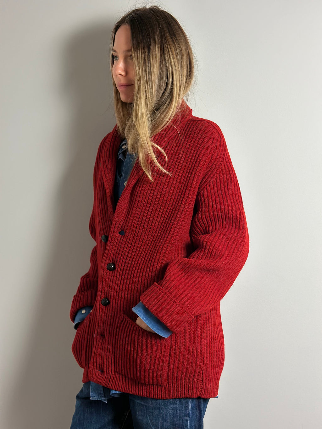 Oversized Chunky Knit Cardigan Coat in Crimson