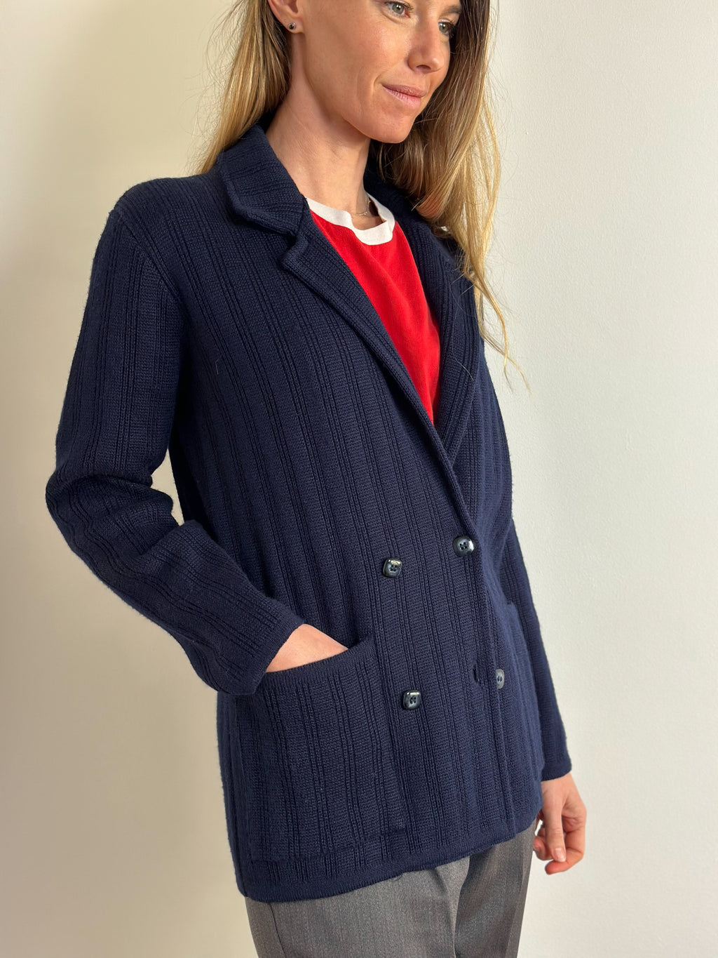 Navy Blue Ribbed Knit Blazer-Cardigan
