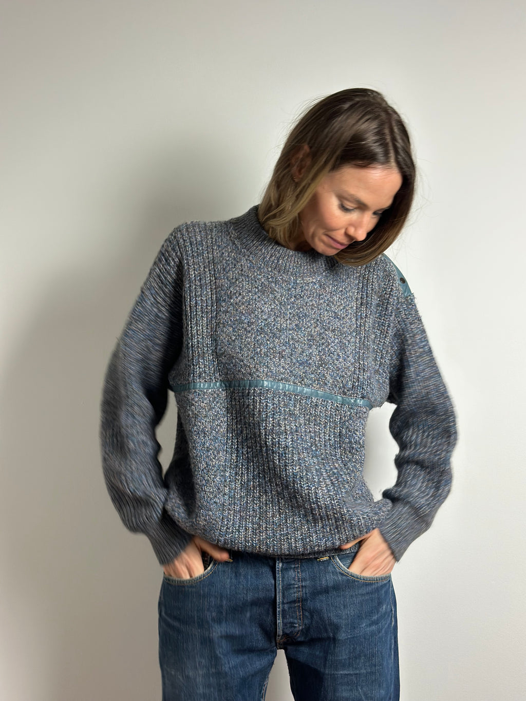 Archival Mixed-Media Knit Jumper with Leather Trim