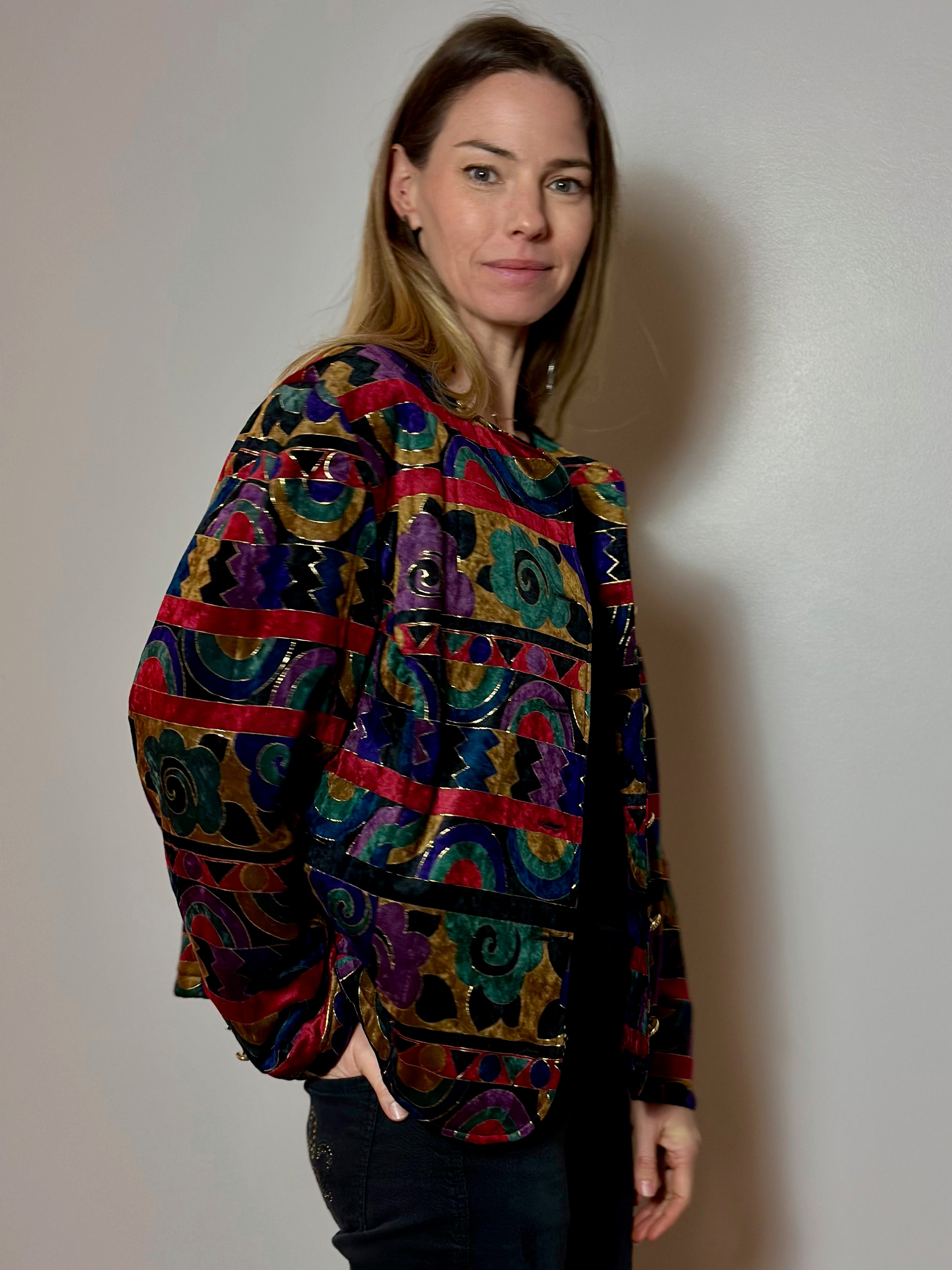 Vintage Patterned Velvet Bomber Jacket