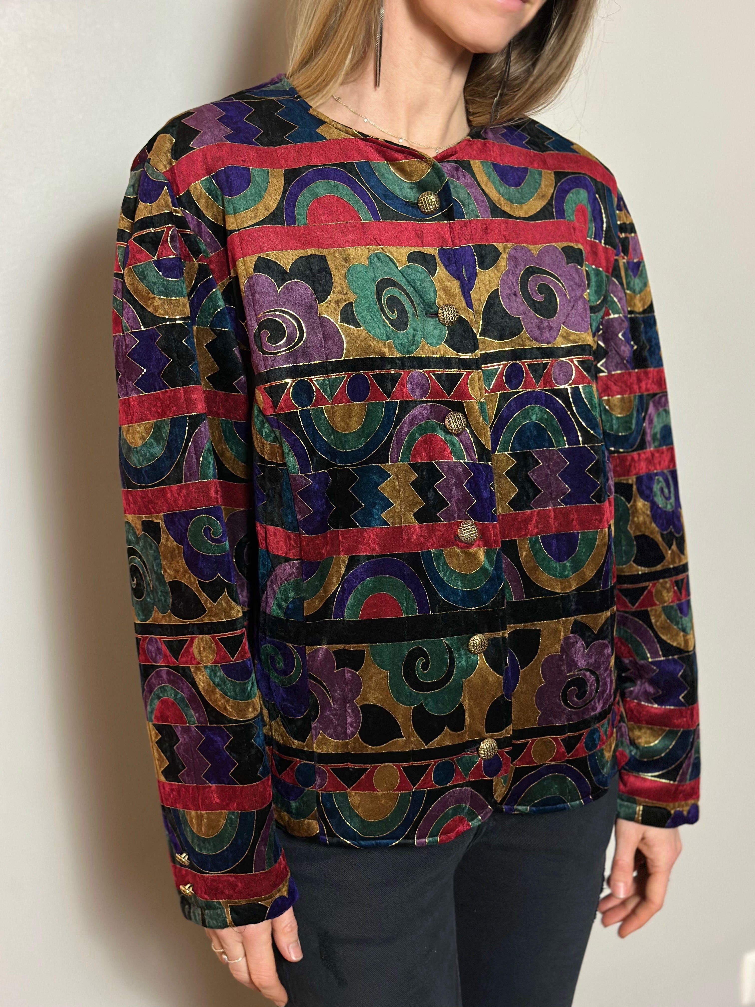 Vintage Patterned Velvet Bomber Jacket