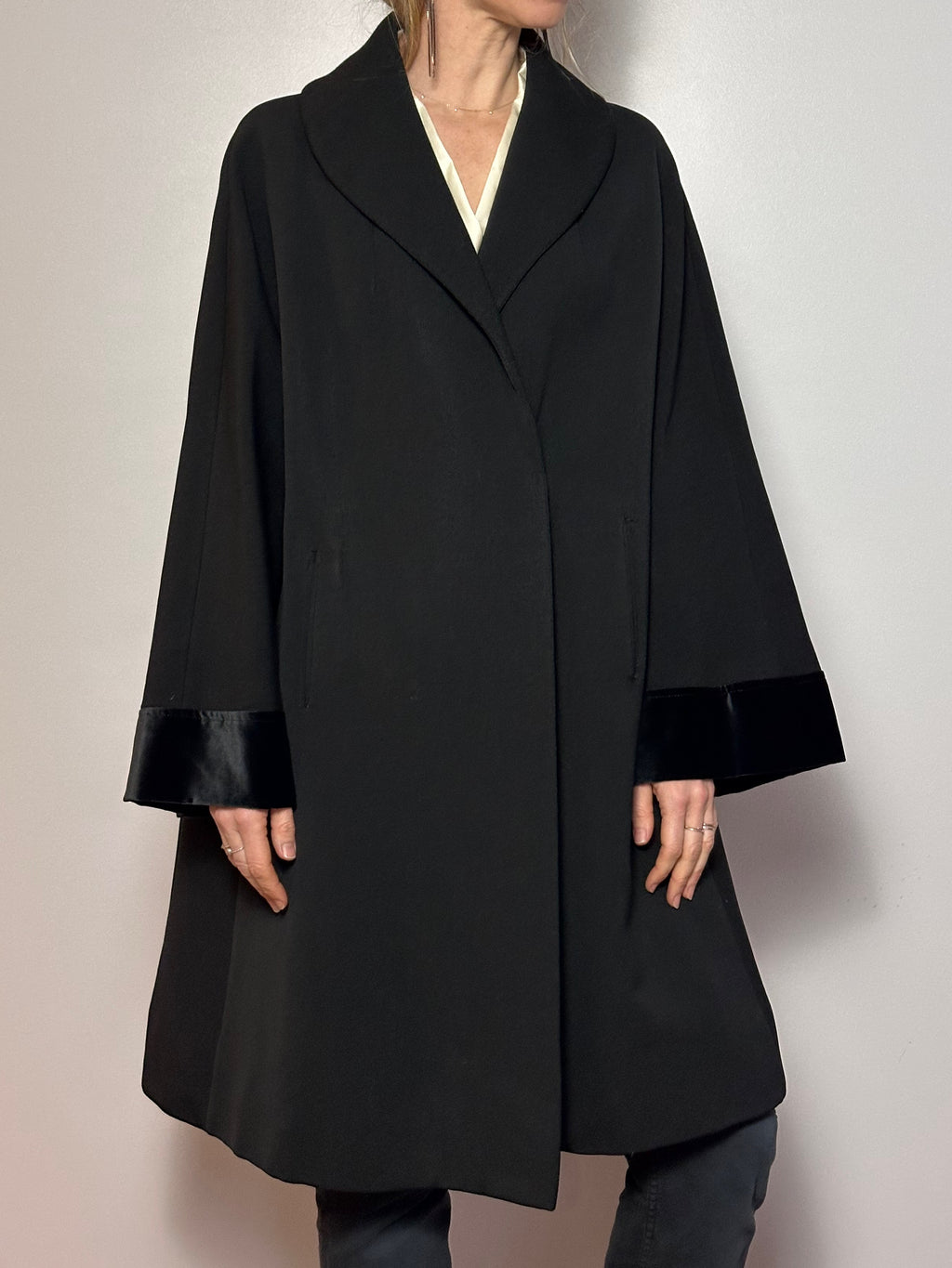 Black A-Line Swing Coat with Satin Trim