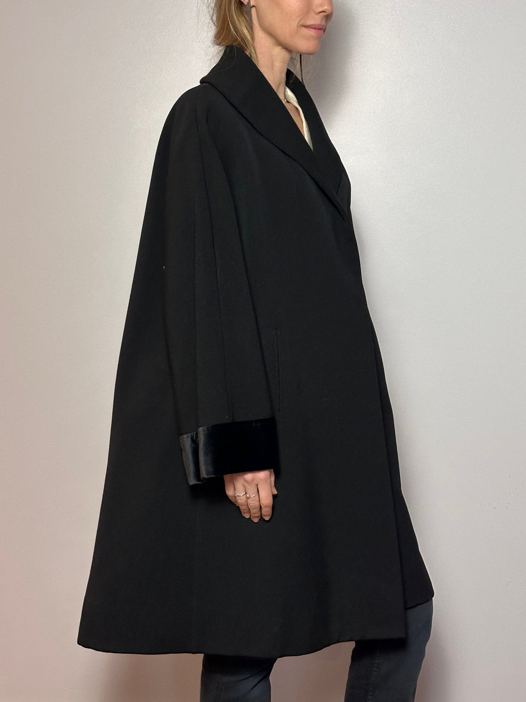 Black A-Line Swing Coat with Satin Trim