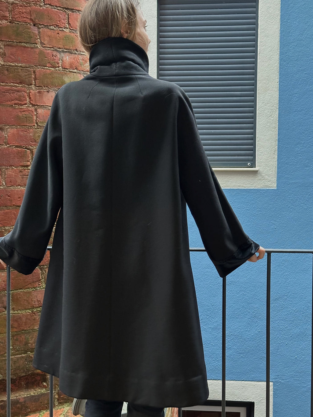 Black A-Line Swing Coat with Satin Trim