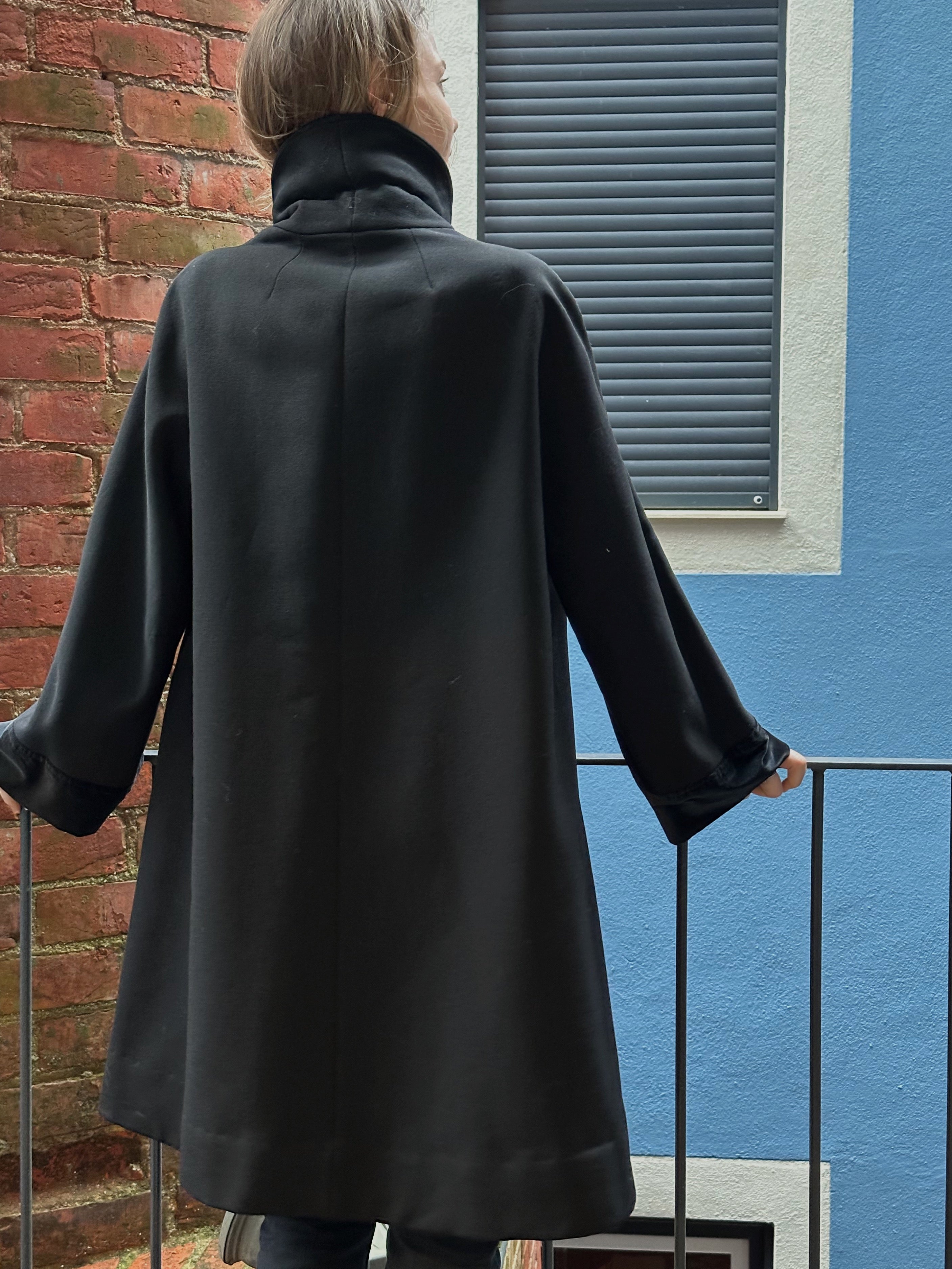 Black A-Line Swing Coat with Satin Trim