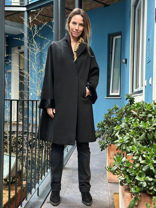 Black A-Line Swing Coat with Satin Trim