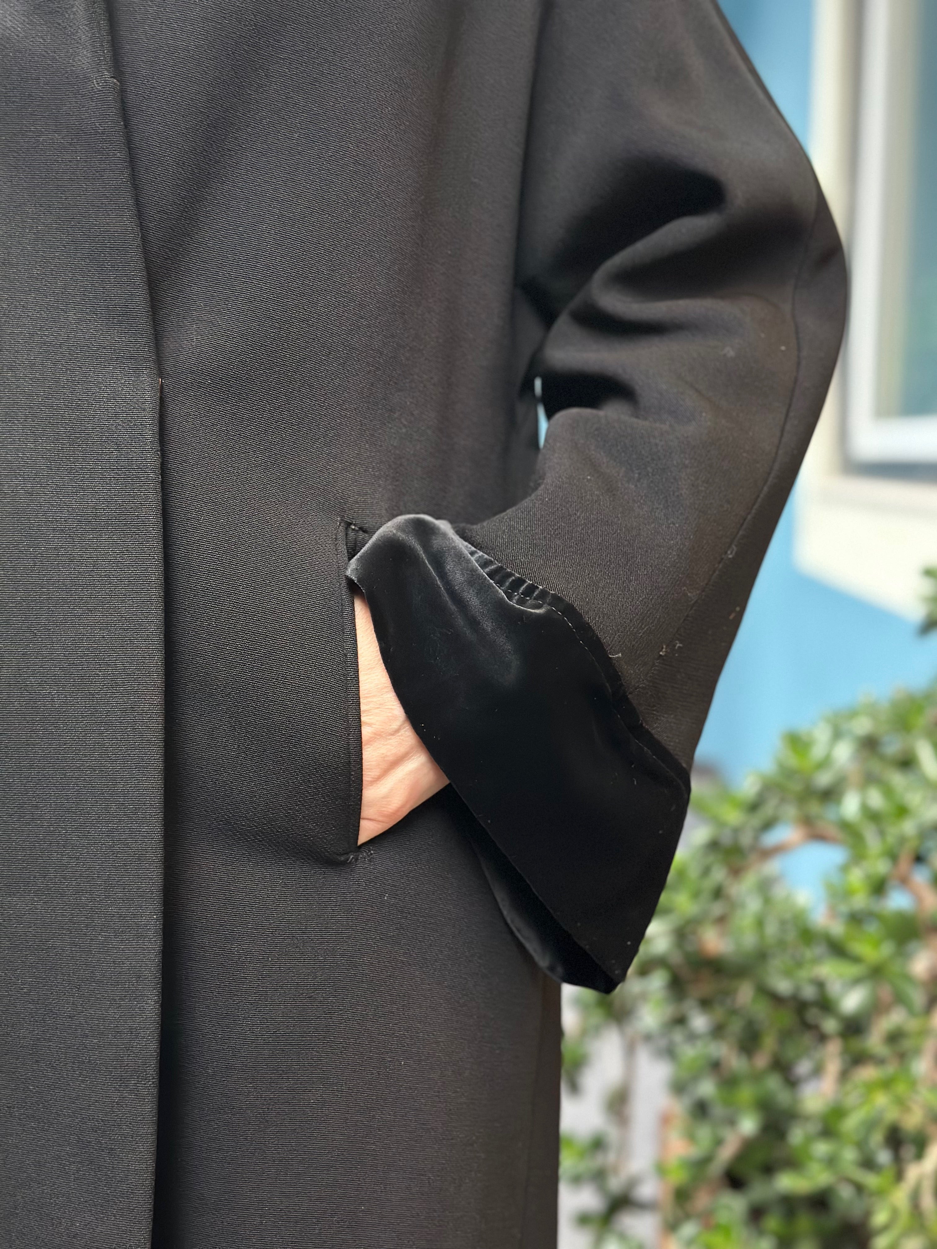 Black A-Line Swing Coat with Satin Trim