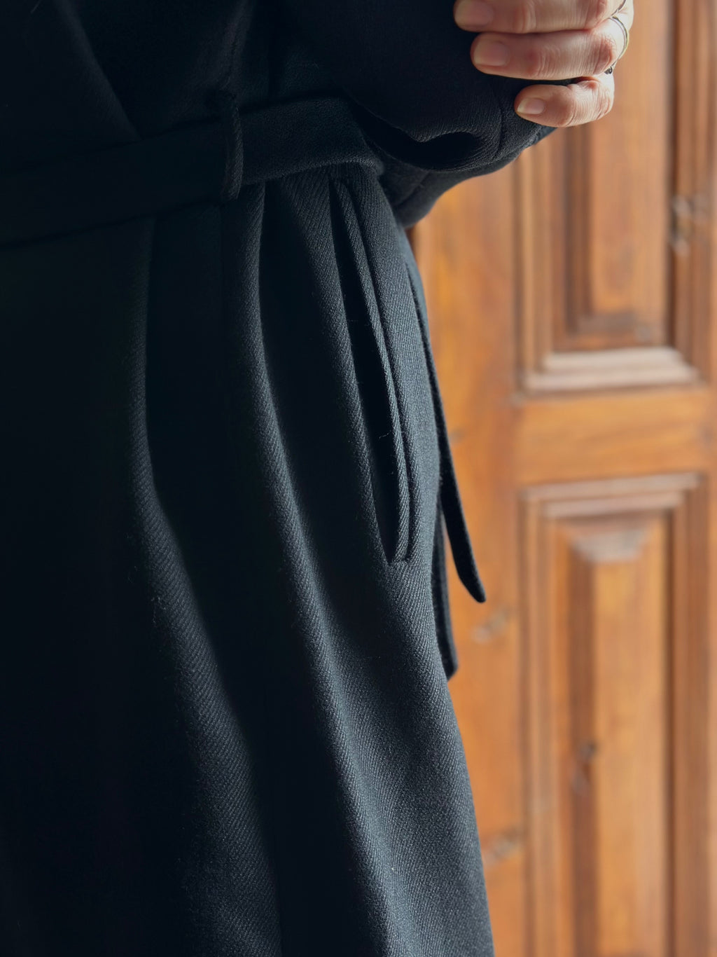 Long Black Wool Belted Overcoat