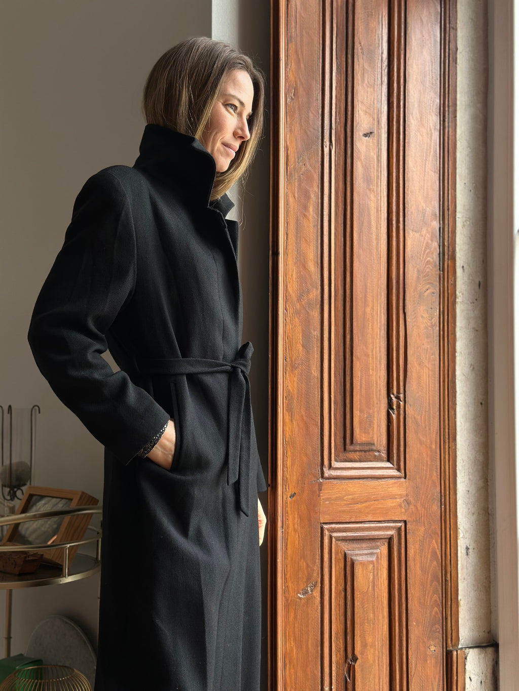 Long Black Wool Belted Overcoat