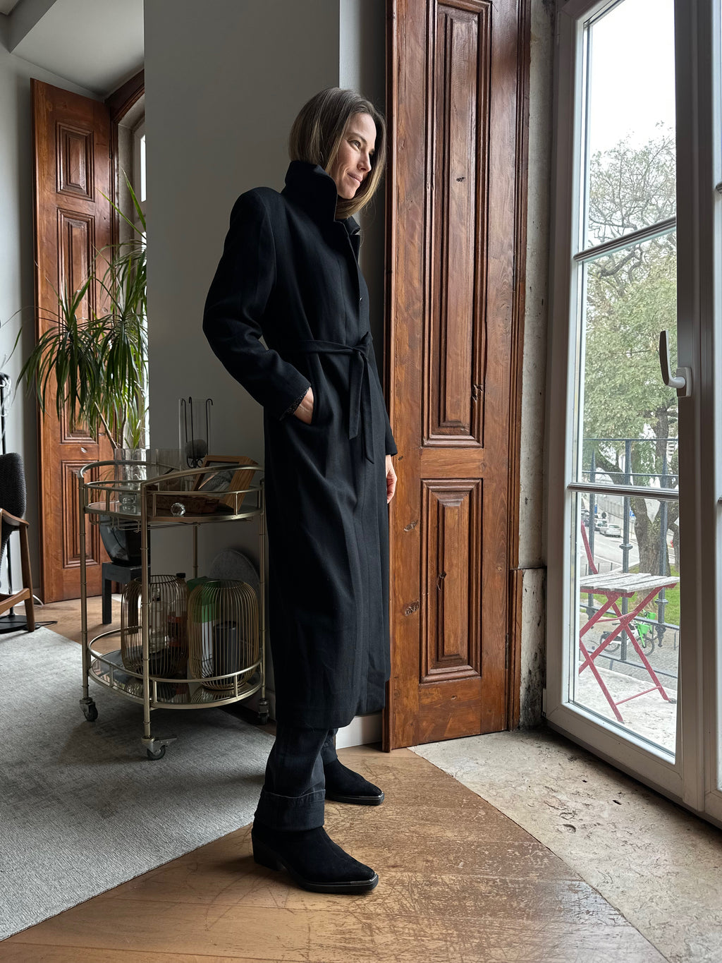 Long Black Wool Belted Overcoat