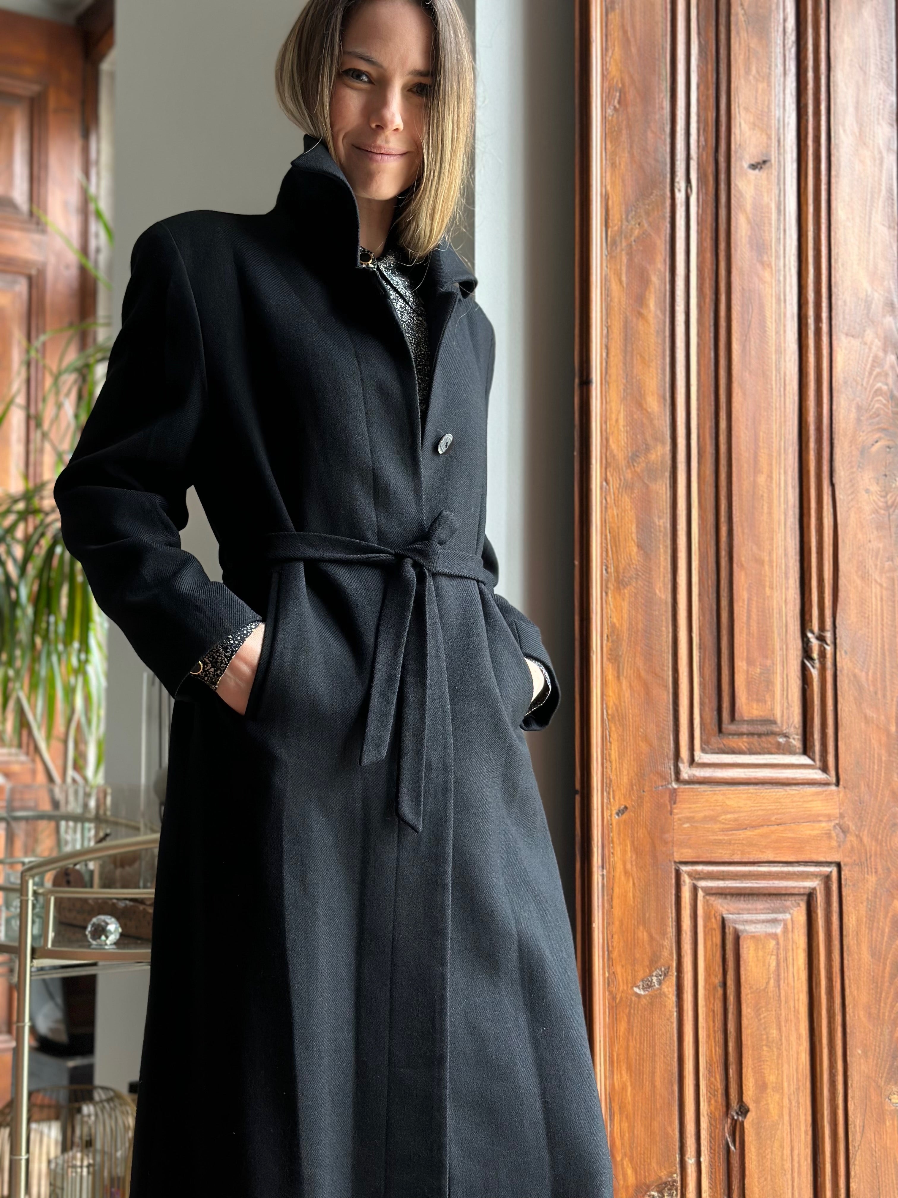 Long Black Wool Belted Overcoat