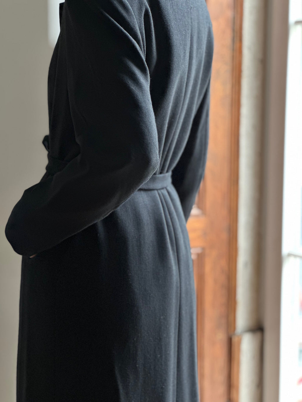 Long Black Wool Belted Overcoat