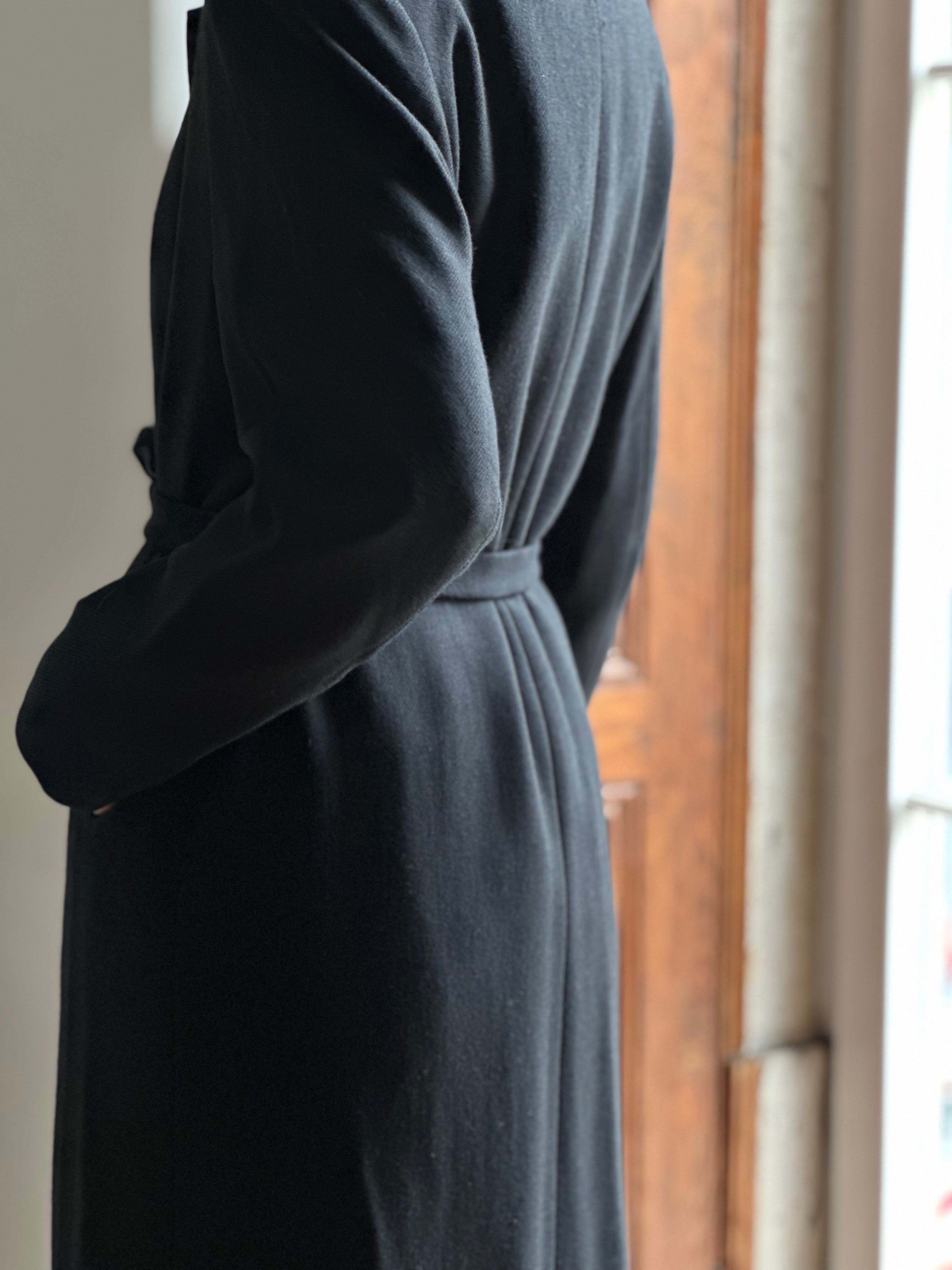 Long Black Wool Belted Overcoat