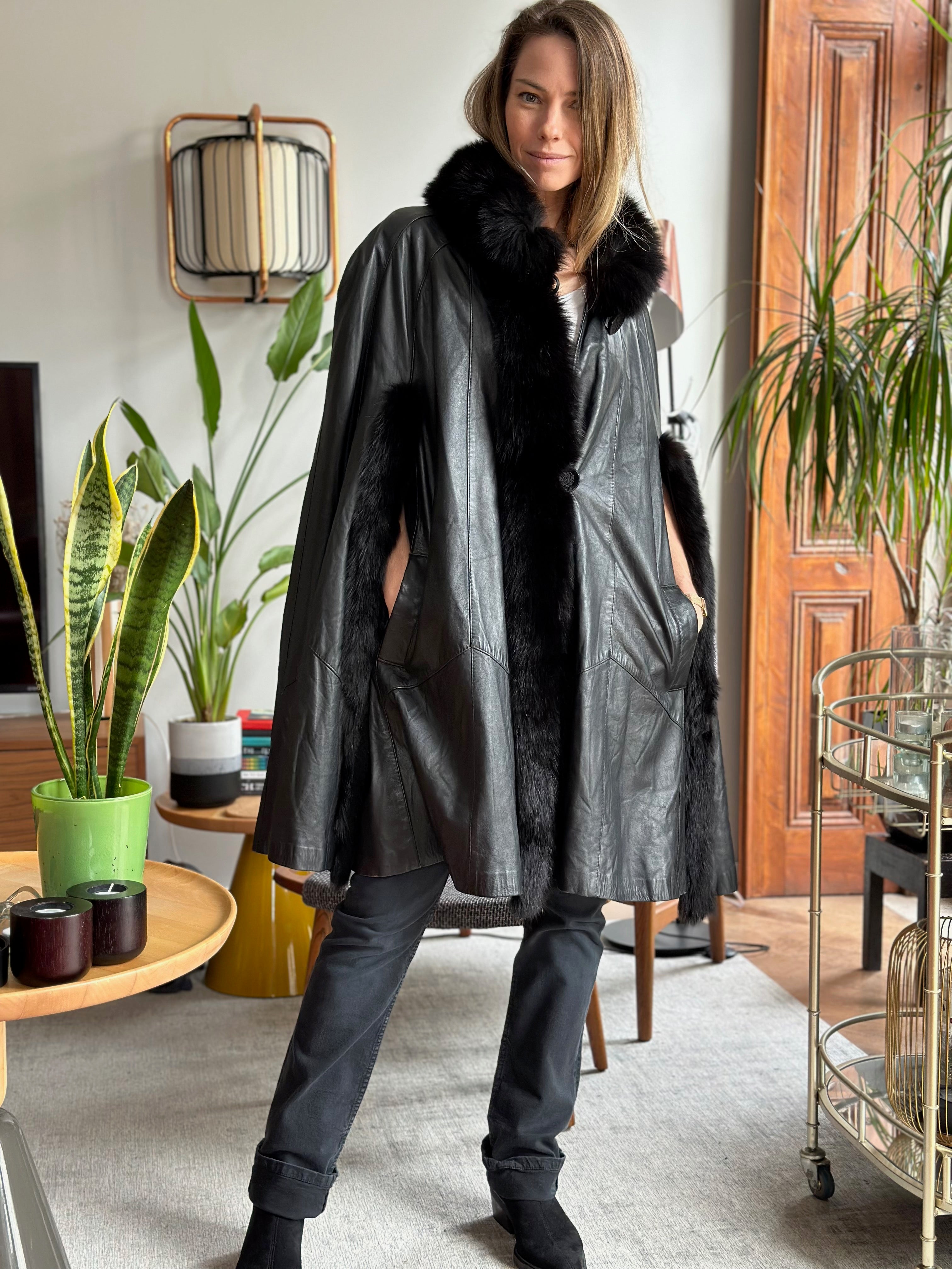 Luxury Leather & Fur Trimmed Cape