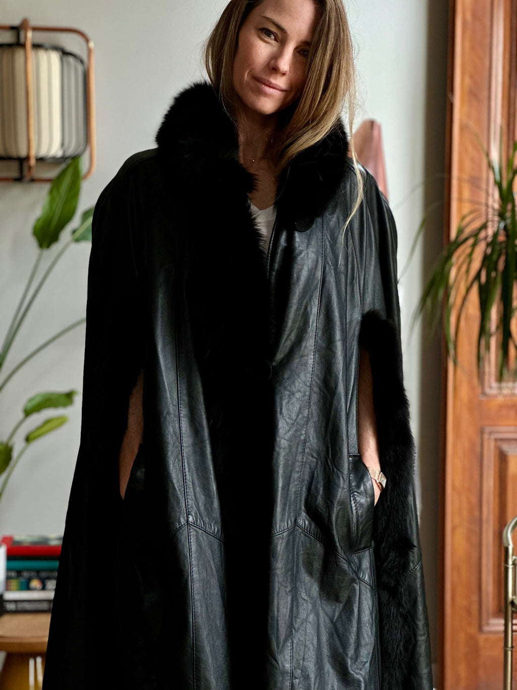 Luxury Leather & Fur Trimmed Cape
