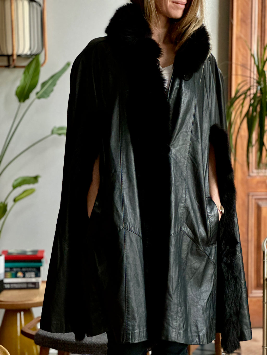 Luxury Leather & Fur Trimmed Cape